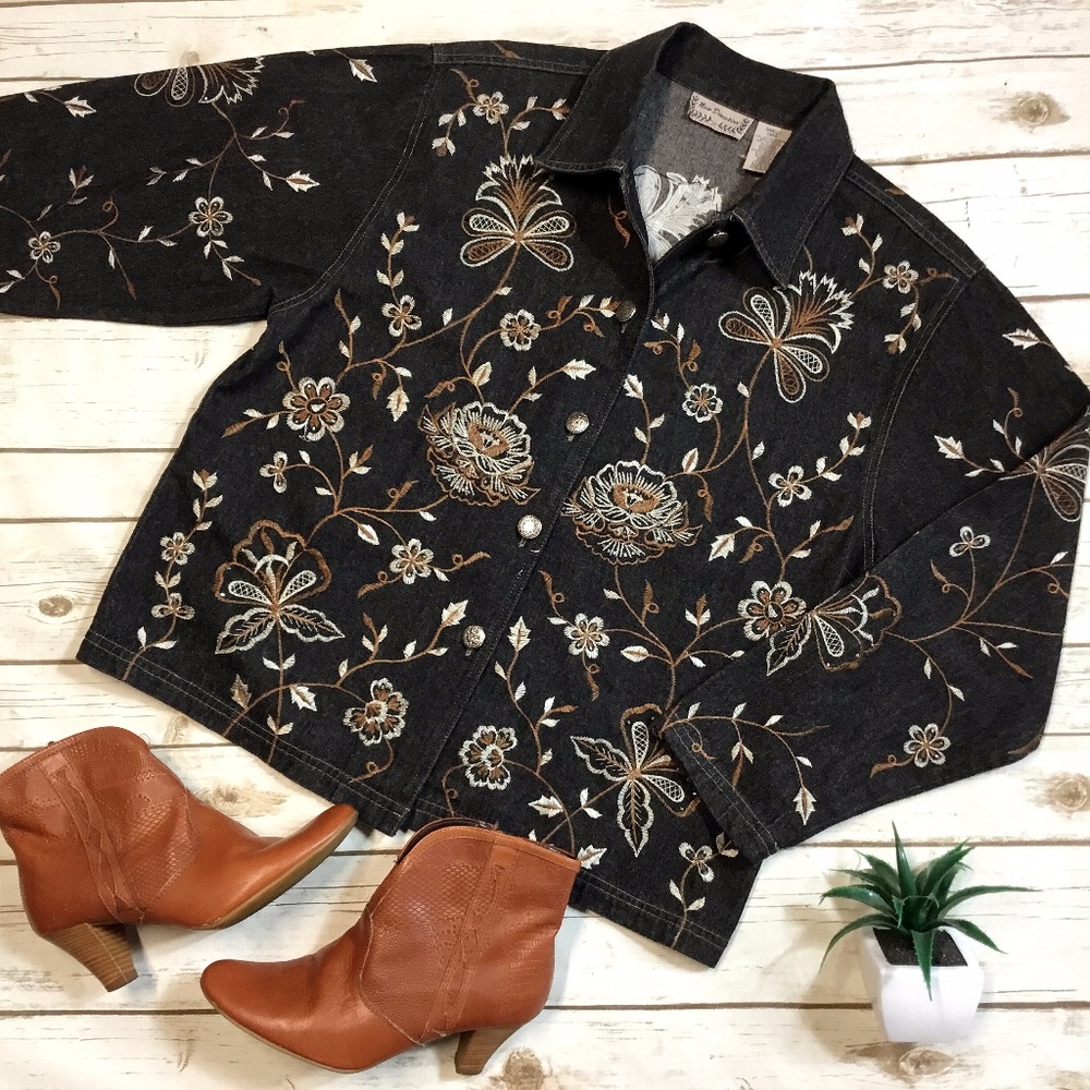 New Direction Black Denim Embroidered Jean Jacket